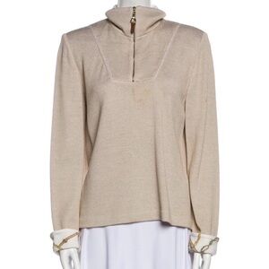St. John Sport Beige Neutral w Patterned Design on Collar & Sleeves Top - Size M